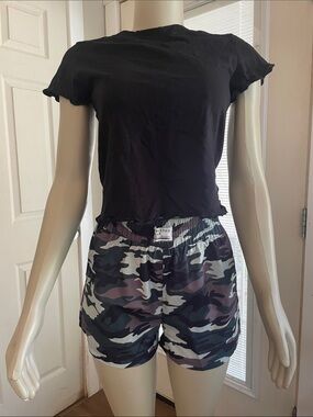 Camo shorts with black ruffle sleeve top set